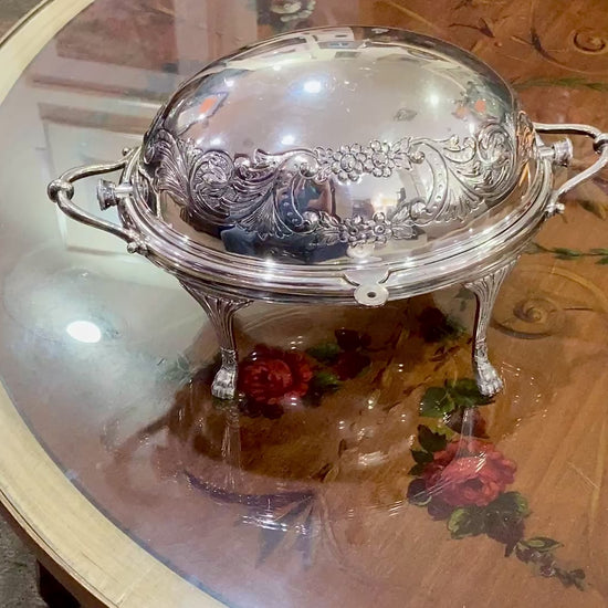 Antique Silver-Plated Domed Roll-Top Revolving Claw Footed Serving Dish