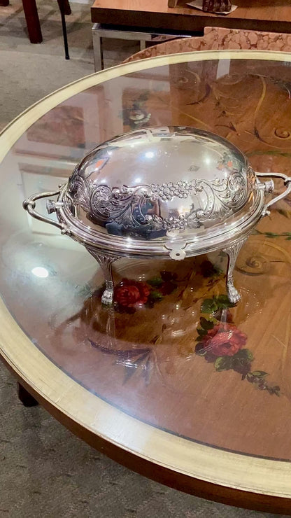 Antique Silver-Plated Domed Roll-Top Revolving Claw Footed Serving Dish