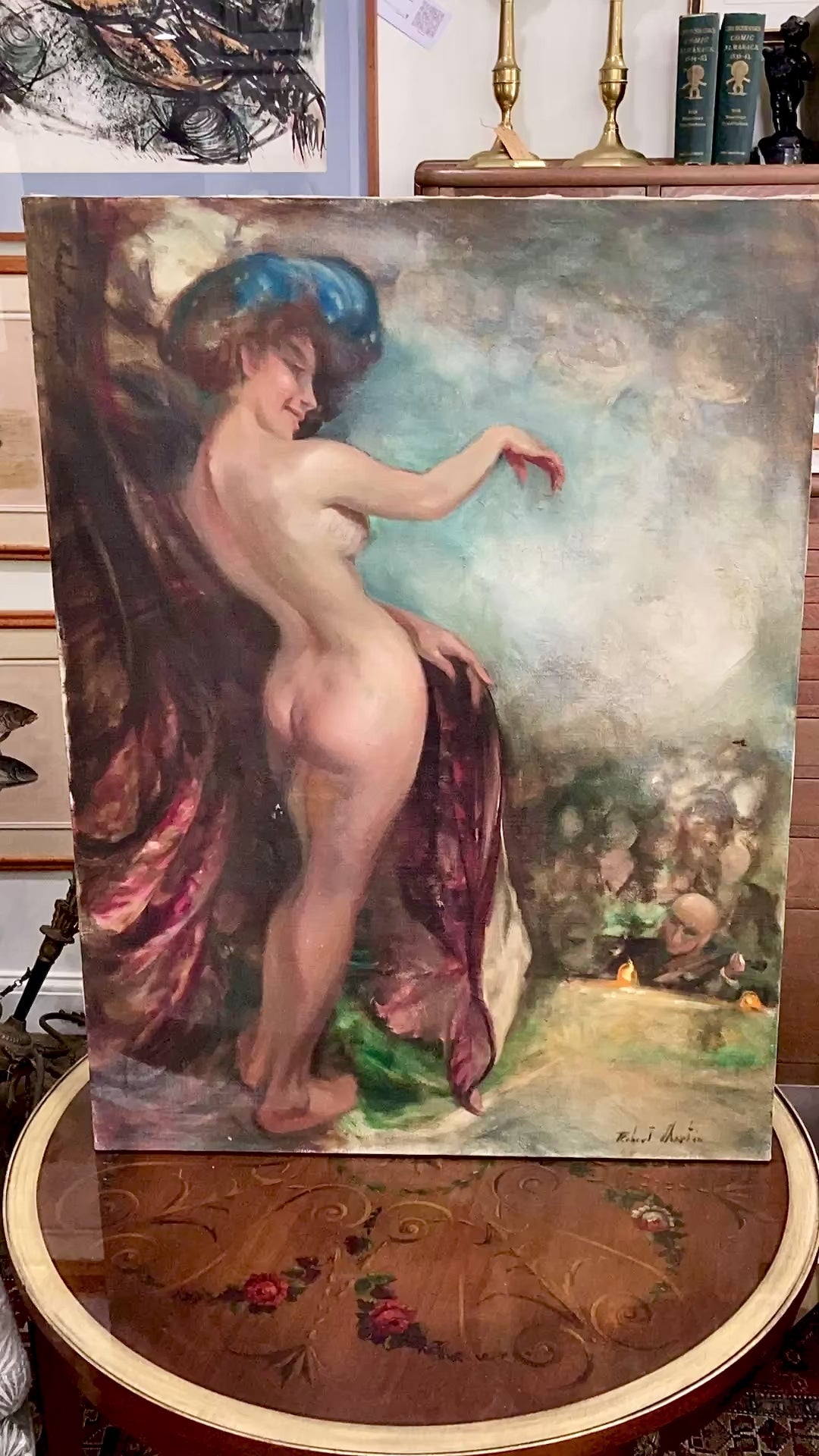 Vintage Robert Martin Antique Showgirl Nude Female Canvas Oil Painting