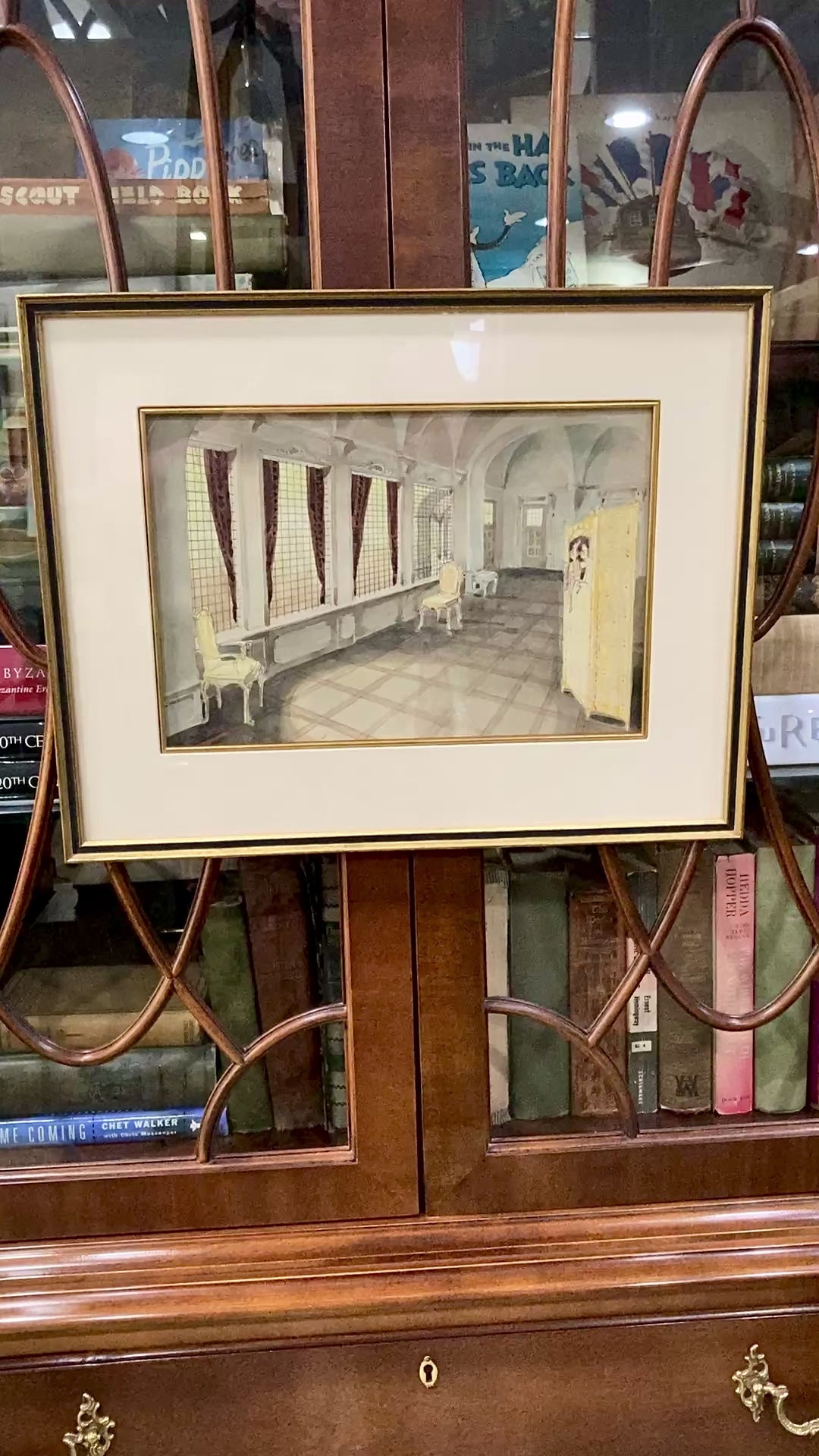 Antique Interior Grand Home Puppet Show Framed Watercolor Painting
