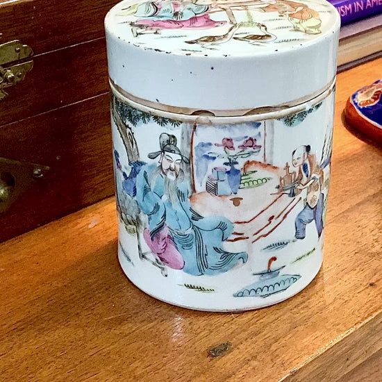 Antique Chinese Porcelain Hand Painted Cylindrical Porcelain Lidded Jar