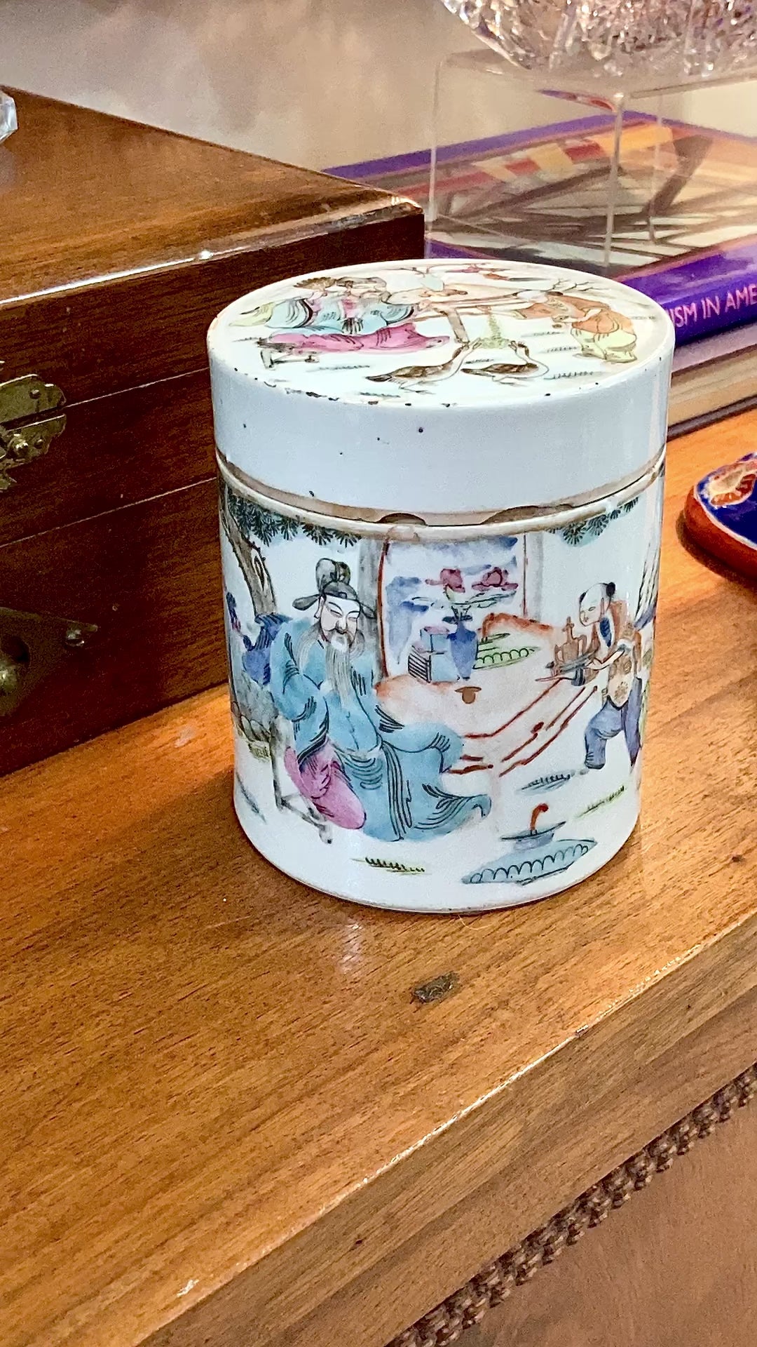 Antique Chinese Porcelain Hand Painted Cylindrical Porcelain Lidded Jar