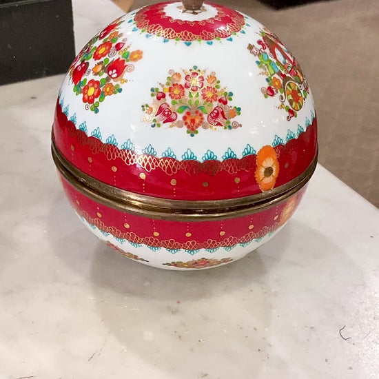 Vintage 1960s Steinbock Figural Folk Red Floral Enameled Brass Sphere Box