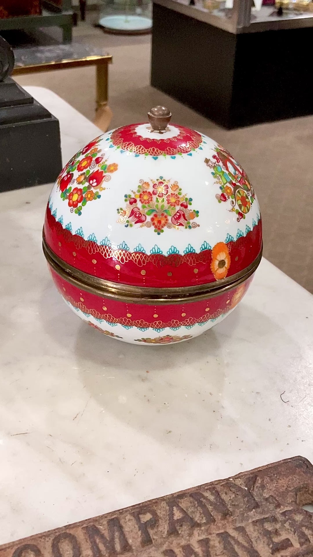 Vintage 1960s Steinbock Figural Folk Red Floral Enameled Brass Sphere Box