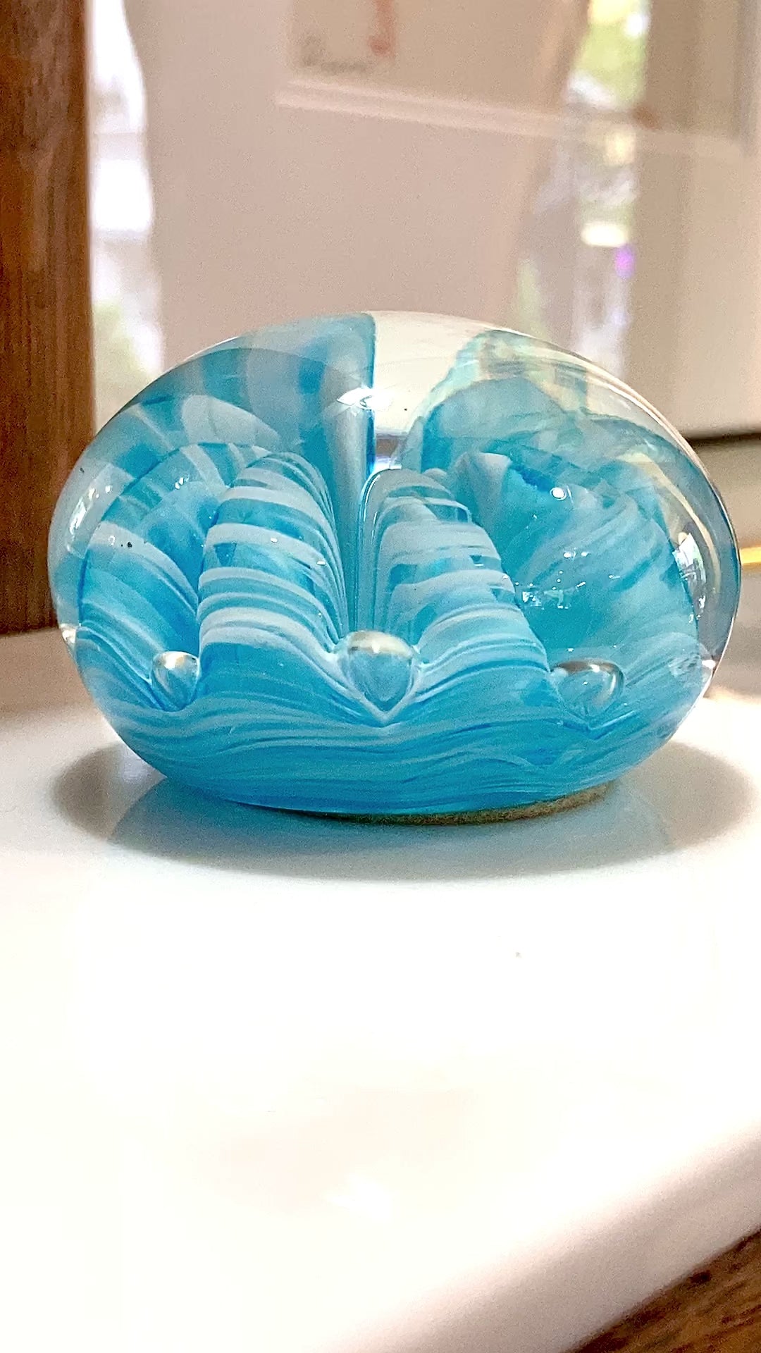 Vintage Handblown Turquoise Blue White Wavy Clear Glass Round Paperweight
