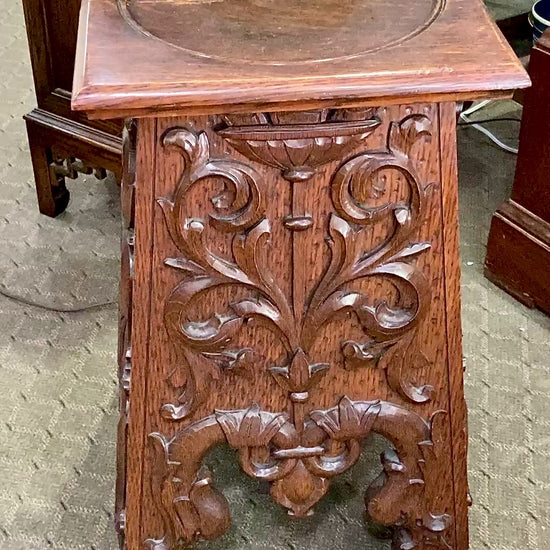 Antique 1910 American Carved Oak Wood Square Side Table Pedestal Stand
