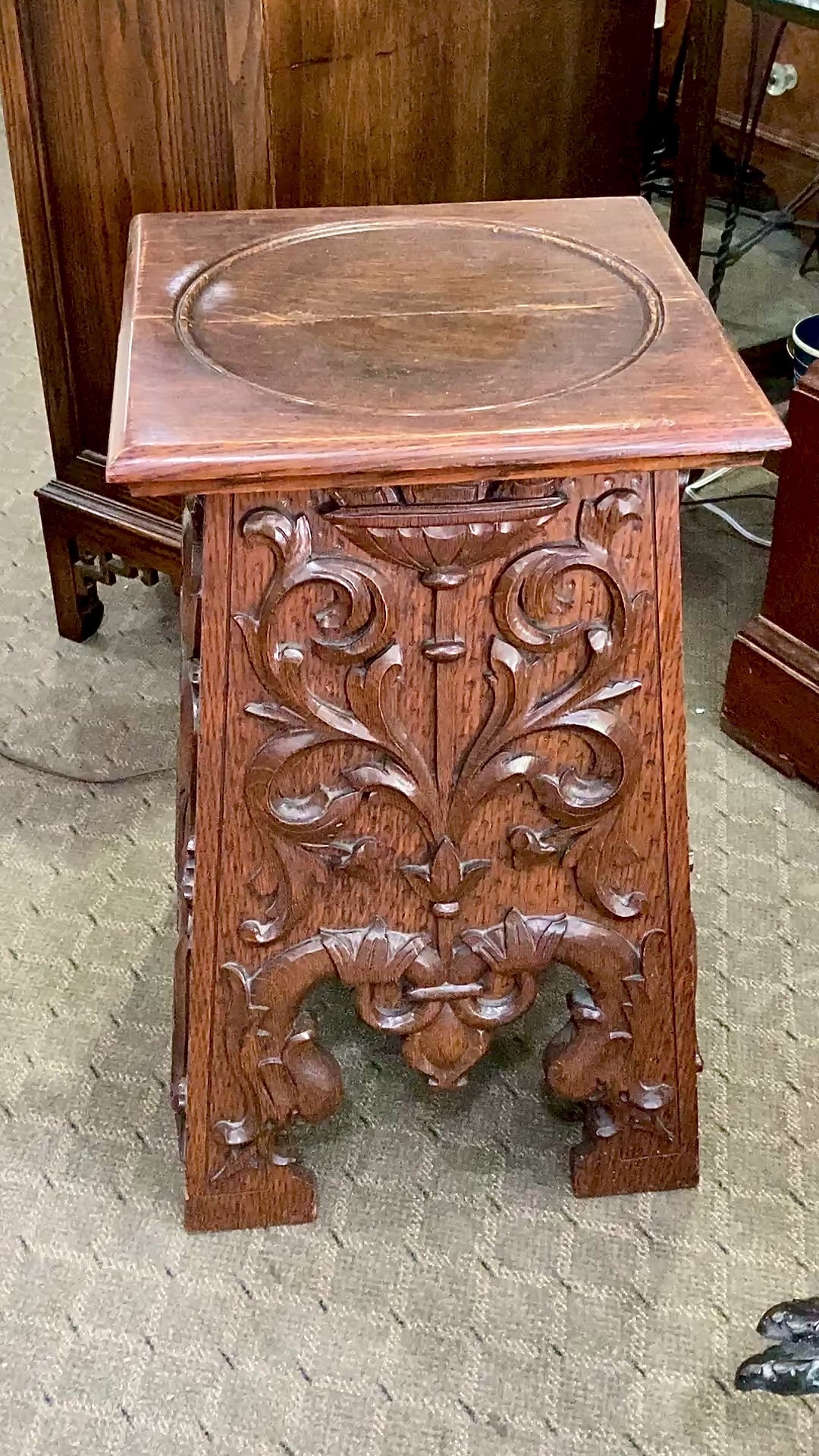 Antique 1910 American Carved Oak Wood Square Side Table Pedestal Stand