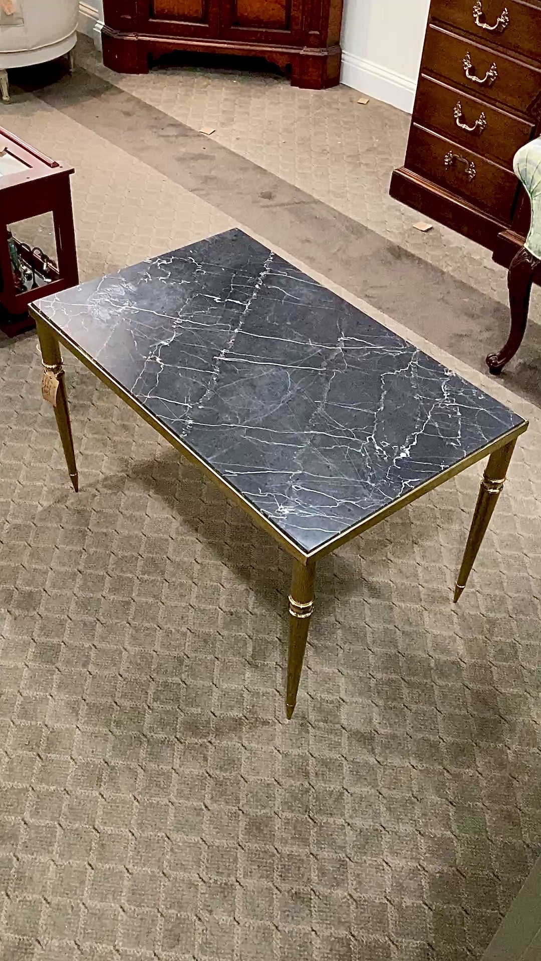 Vintage MCM Hollywood Regency Style Brass Black Marble Cocktail Coffee Table 