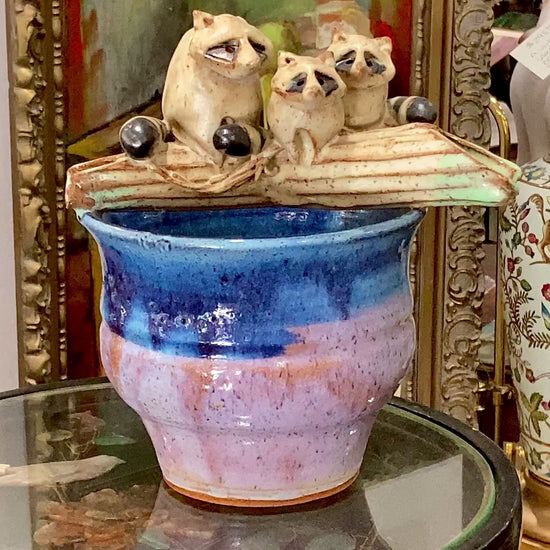 1986 Steve Vasiliou Purple Blue Raccoon Family Ceramic Planter Pot Vessel Video