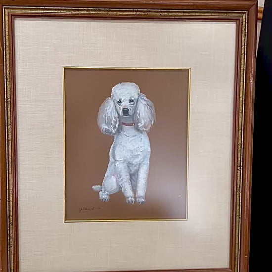 Vintage Framed White Poodle I Gouache Paper J. U. Hunt Wall Art Painting