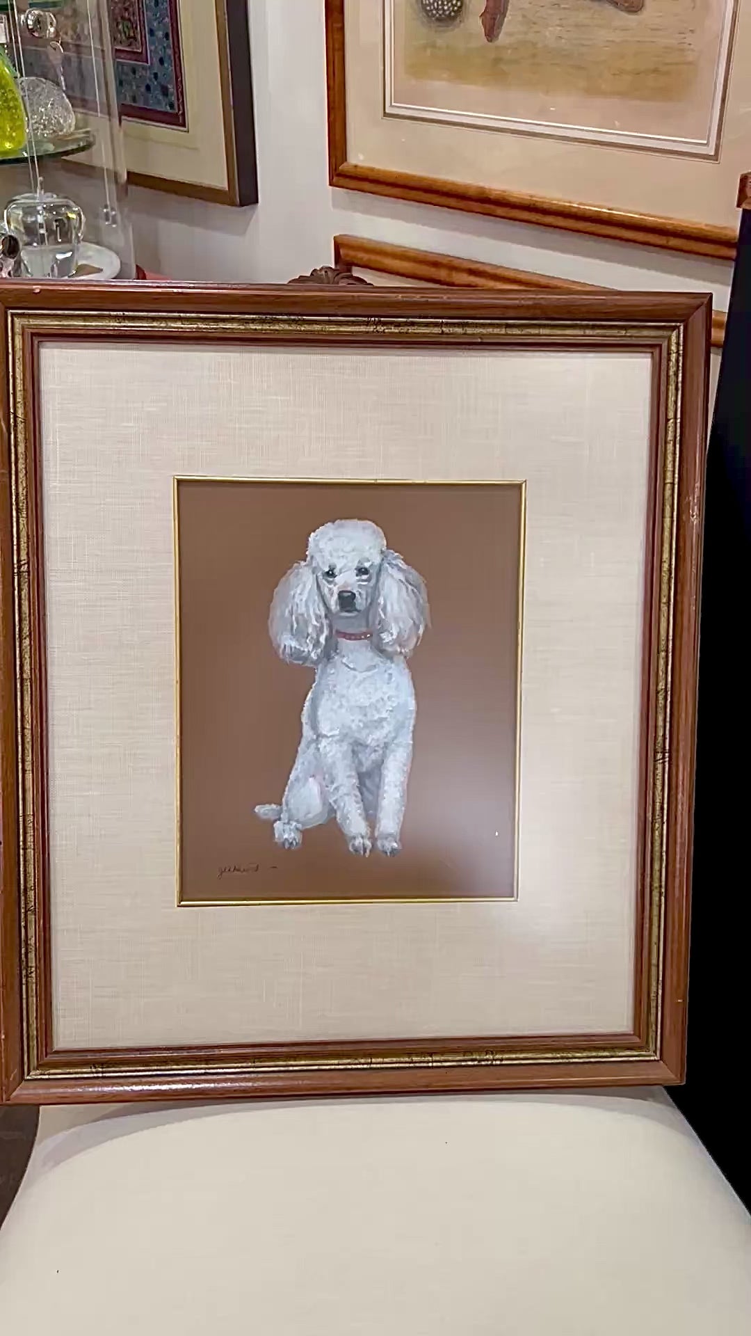 Vintage Framed White Poodle I Gouache Paper J. U. Hunt Wall Art Painting