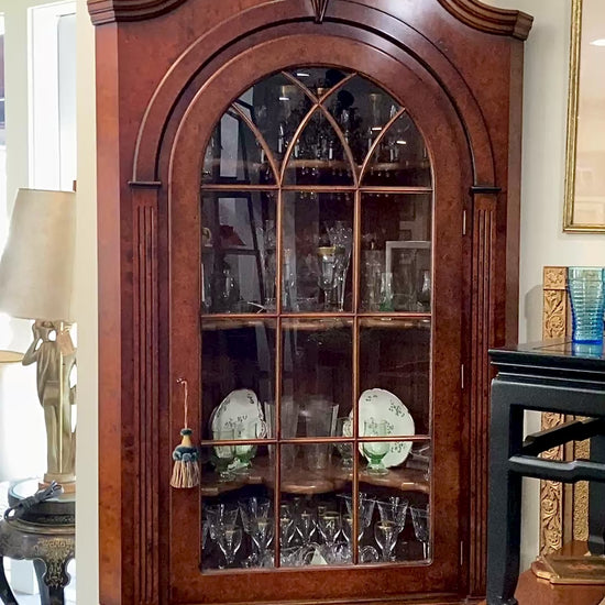 Georgian Style Burled Wood Veneer Glass Front Corner Cabinet