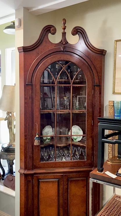 Georgian Style Burled Wood Veneer Glass Front Corner Cabinet