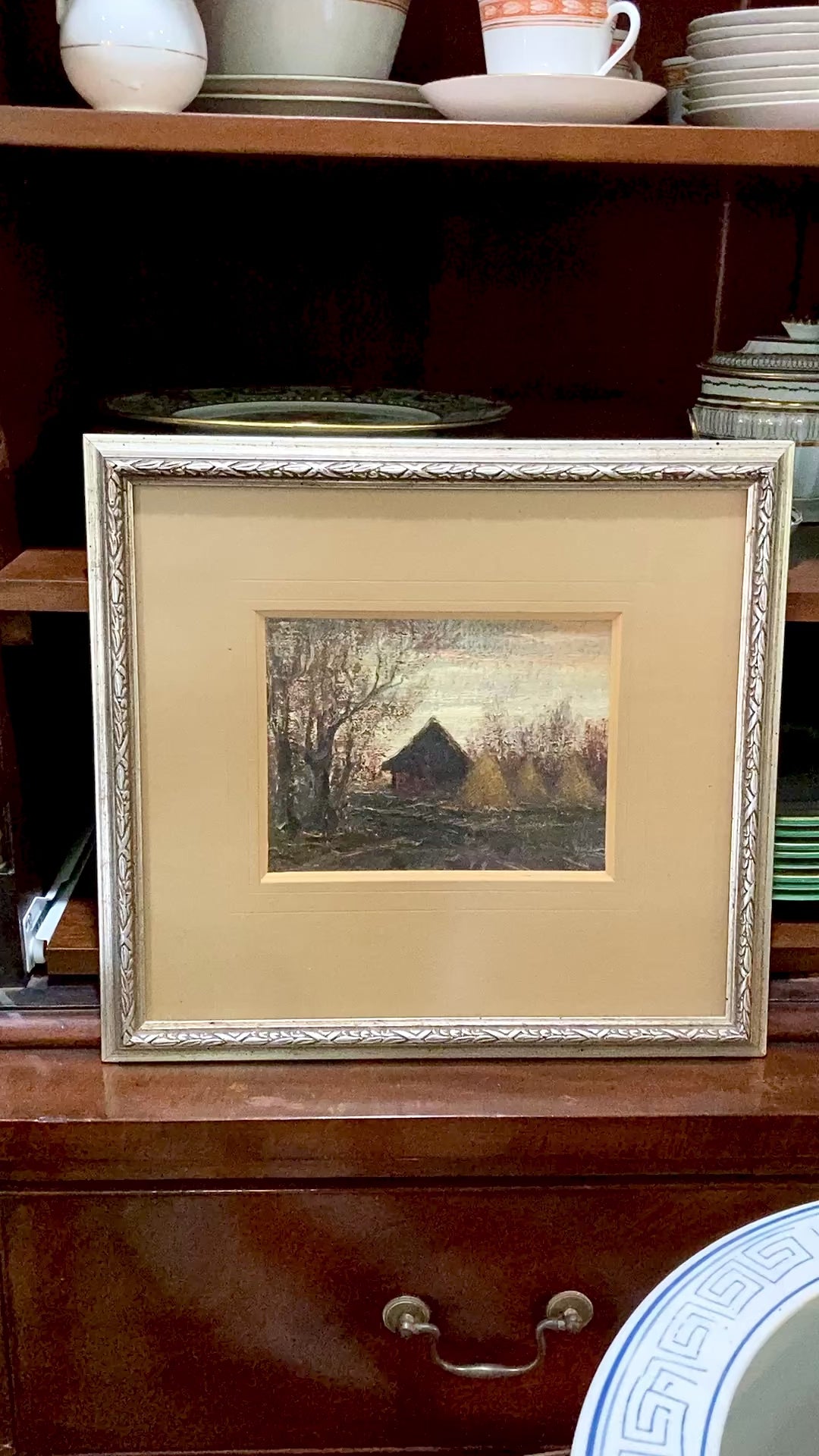 Vintage Farmland Sunset Landscape Signed Lower Right Framed Oil Painting