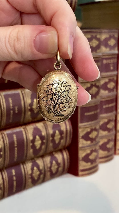 Antique Gold Filled Oval Floral Engraved Mourning Hair Locket Pendant