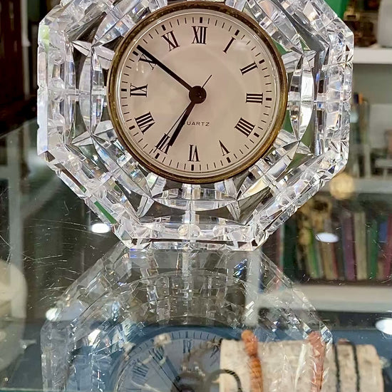 Vintage Waterford Clear Cut Crystal Quartz Roman Numeral Octagonal Tabletop Clock