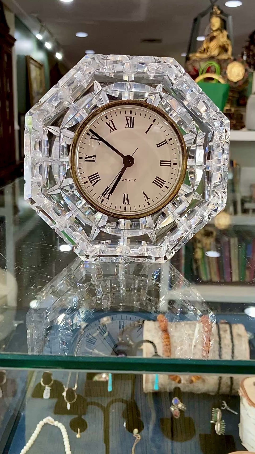 Vintage Waterford Clear Cut Crystal Quartz Roman Numeral Octagonal Tabletop Clock