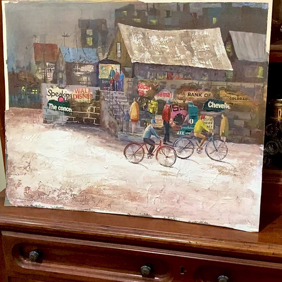 Vintage 1950s Gilpin Mixed Media Street Scene Unframed Gouache Collage Painting
