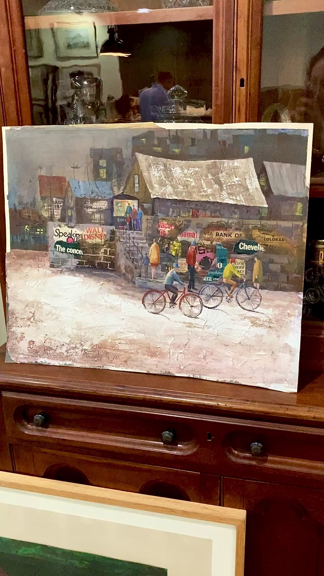 Vintage 1950s Gilpin Mixed Media Street Scene Unframed Gouache Collage Painting