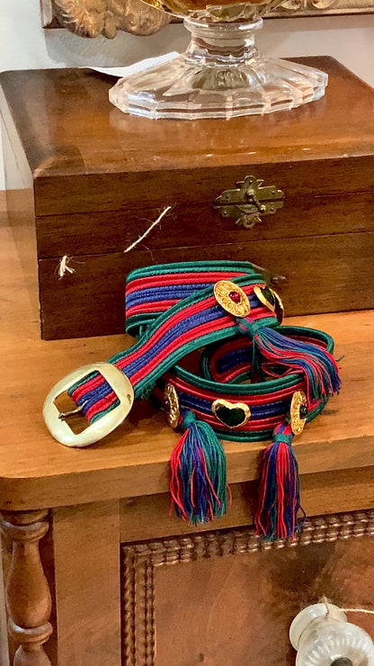 Vintage 1970s Yves Saint Laurent Heart Green Red Blue Tassel Rope Belt