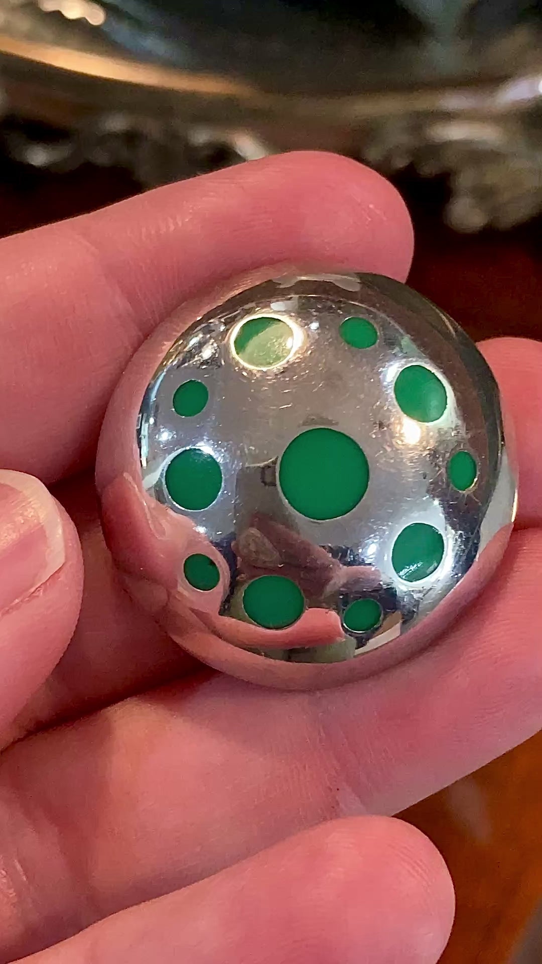 Vintage TAXCO Mexico Sterling Silver Green Domed Circle Brooch