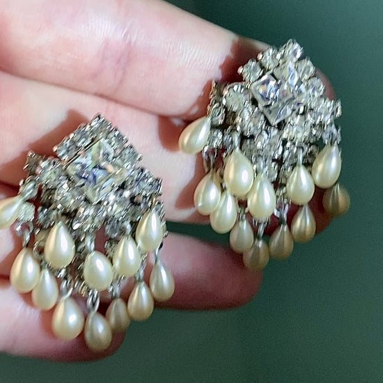 Vintage Kramer Rhinestone Pearl Dangle Statement Clip On Earrings