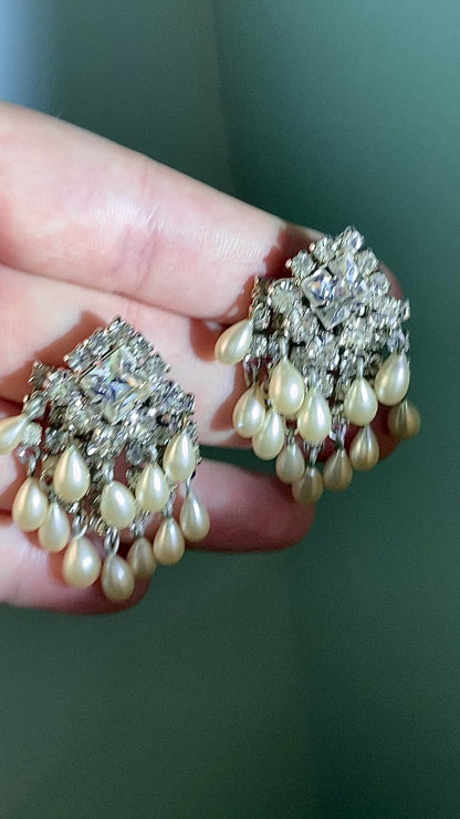 Vintage Kramer Rhinestone Pearl Dangle Statement Clip On Earrings