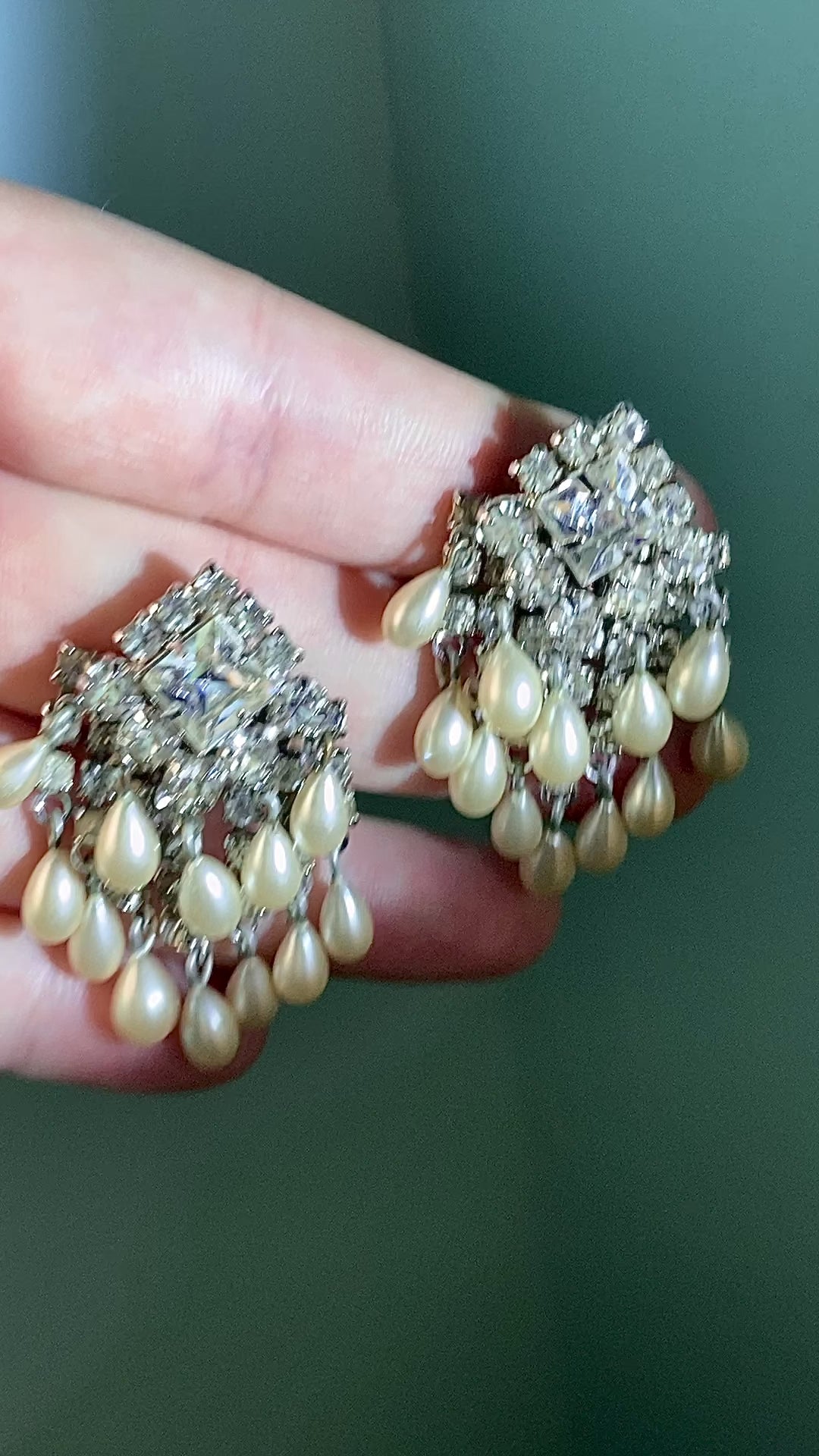 Vintage Kramer Rhinestone Pearl Dangle Statement Clip On Earrings