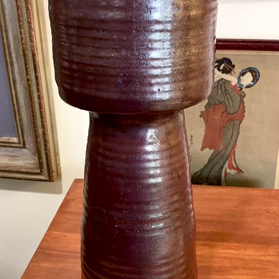 Vintage Midcentury Metallic Burgundy Pottery Stoneware Tall Ikebana Vase
