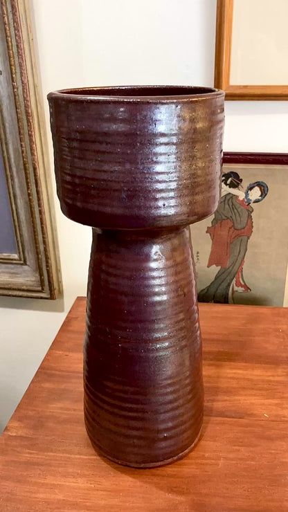 Vintage Midcentury Metallic Burgundy Pottery Stoneware Tall Ikebana Vase
