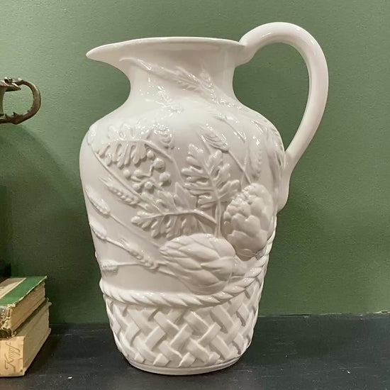 Williams Sonoma Italy Botanical Basket Motif White Ceramic Water Pitcher