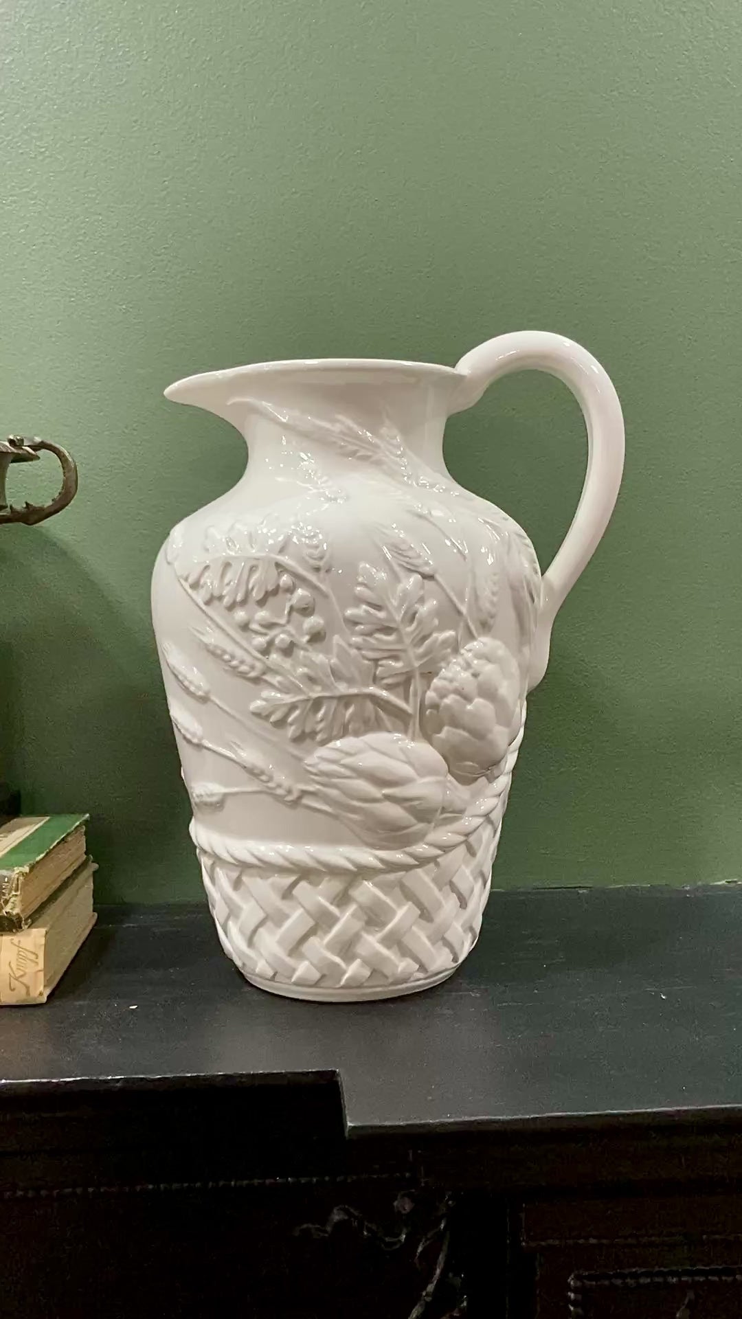 Williams Sonoma Italy Botanical Basket Motif White Ceramic Water Pitcher