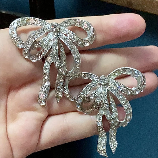 Vintage Rhodium Plated Rhinestone Double Loop Bow Statement Clip On Earrings