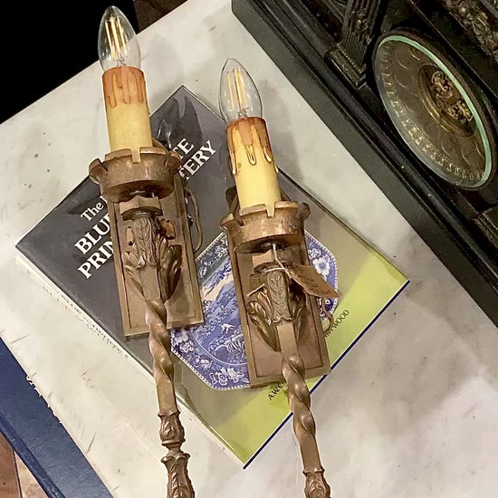 Antique 1920s Medieval Influence Bronze Wall Single Light Sconce Pair