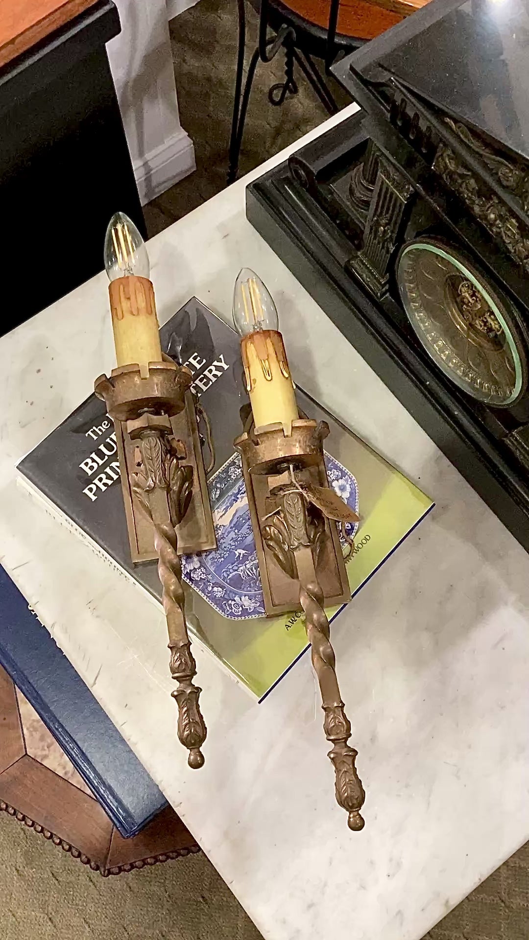 Antique 1920s Medieval Influence Bronze Wall Single Light Sconce Pair