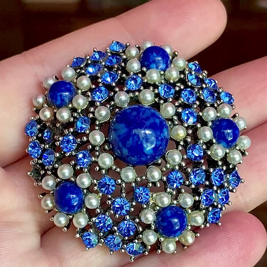 Vintage Weiss Blue Rhinestone Seed Pearl Faux Lapis Statement Brooch Pin