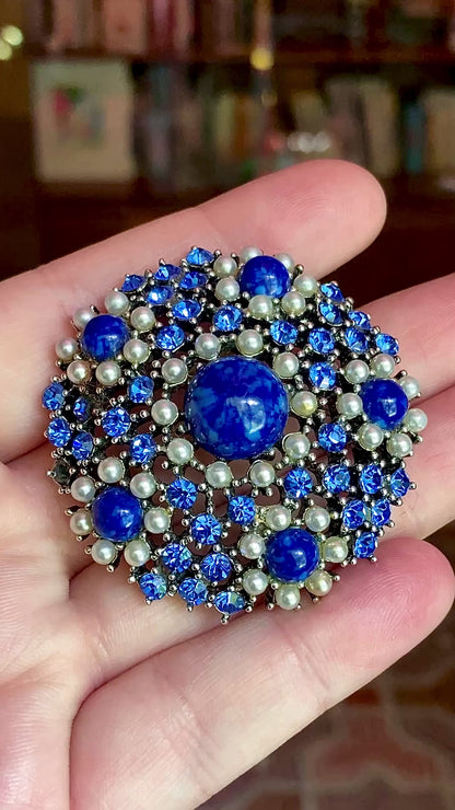 Vintage Weiss Blue Rhinestone Seed Pearl Faux Lapis Statement Brooch Pin
