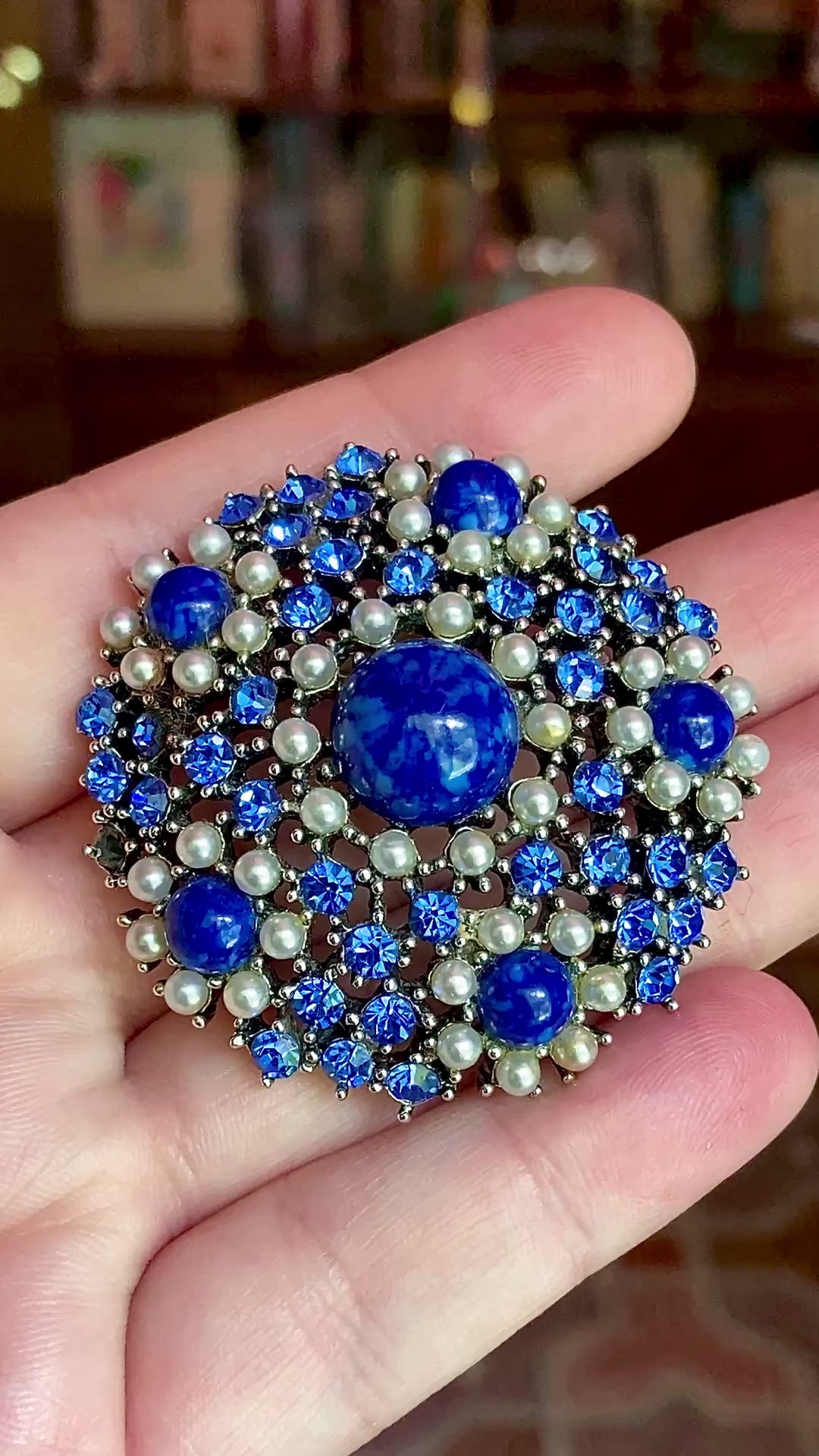 Vintage Weiss Blue Rhinestone Seed Pearl Faux Lapis Statement Brooch Pin