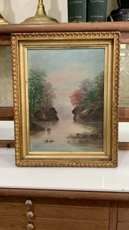 Antique Late 19th Century Victorian River Landscape Framed Canvas Oil Painting