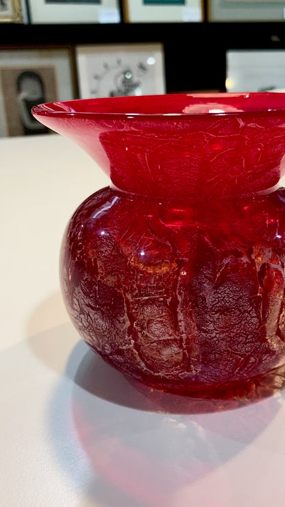 Rare Vintage Baccarat France Marbled Ruby Red Fluted Rim Glass Vase
