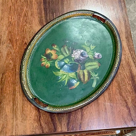 Vintage Emerald Green Painted Gilt Detail Floral Bouquet Oval Tole Tray