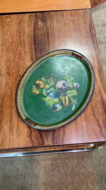 Vintage Emerald Green Painted Gilt Detail Floral Bouquet Oval Tole Tray