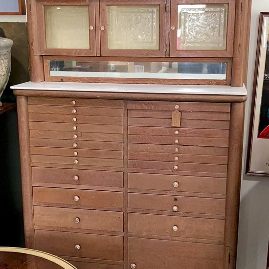 Antique Harvard Co Canton Ohio Etched Glass Mirrored Wood Dental Cabinet