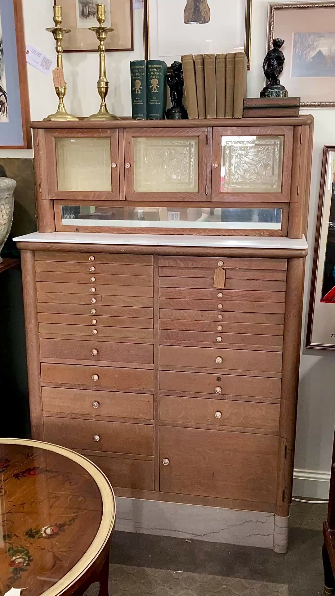 Antique Harvard Co Canton Ohio Etched Glass Mirrored Wood Dental Cabinet