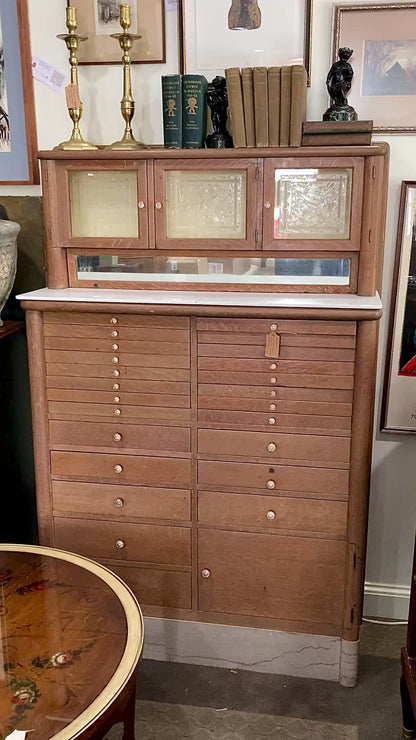 Antique Harvard Co Canton Ohio Etched Glass Mirrored Wood Dental Cabinet
