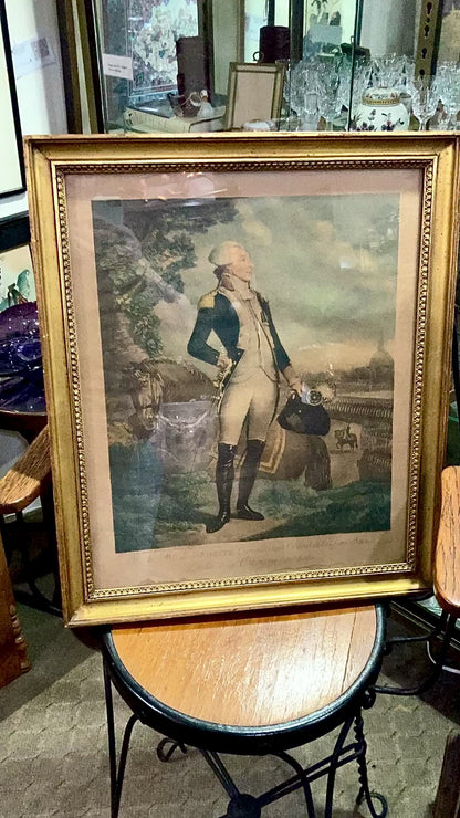 Antique Military Marquis de la Lafayette Framed Color Engraving