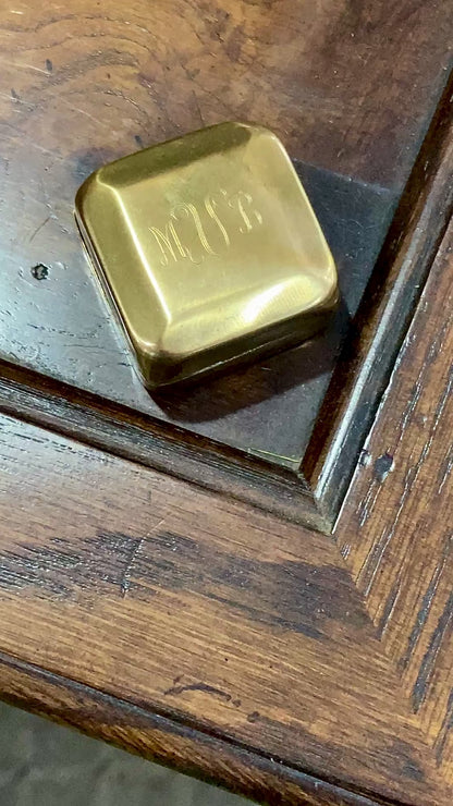 Antique Early 20th Century Edwardian Monogram Square Brass Pill Box