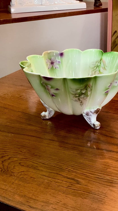 Antique 1930s German Silesien Lily of the Valley Scalloped Footed Porcelain Bowl