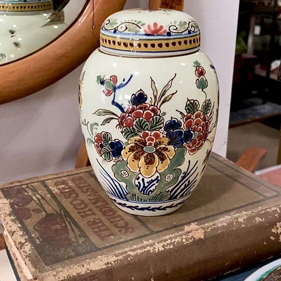 Vintage Royal Delft Floral Polychrome Earthenware Small Lidded Tea Caddy Jar