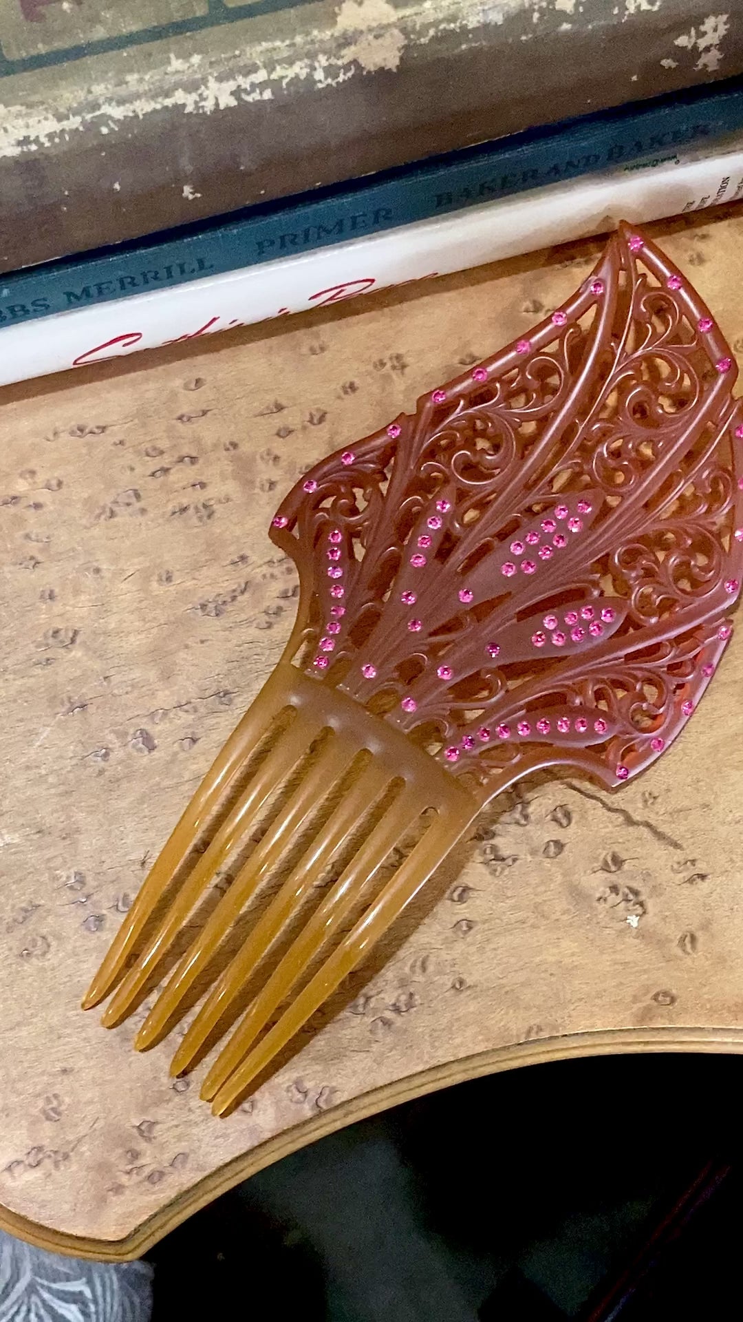 Antique Celluloid Pink Rhinestone Art Deco Hair Comb Accessory Video